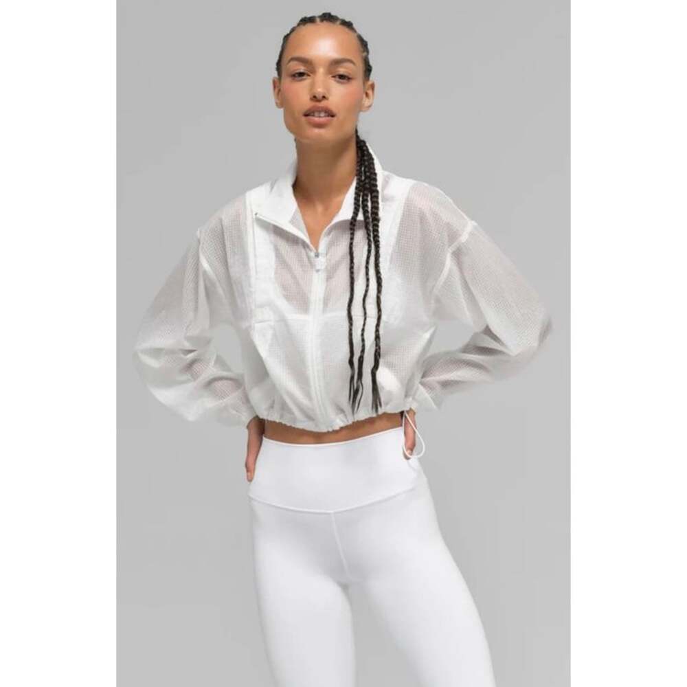 Alo Yoga Sheer Cropped Windbreaker Jacket White Full Zip Drawstring Small EUC